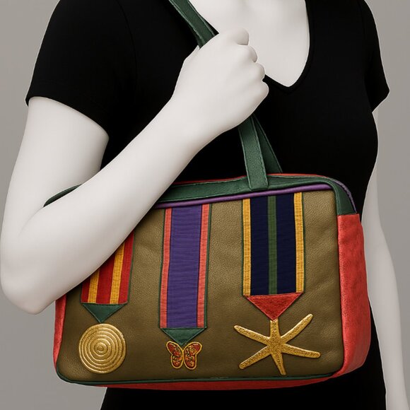 Shoulder Bag – Leather Colorful Designer Handbag  by Borbonese - Appliqué Accent - Picture 1 of 14